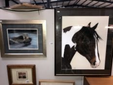 A large framed & glazed oil painting of a horses head & a framed & glazed pastel of a Terrier dog