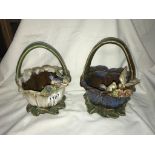 2 Studio pottery basket planters with birds on rim