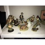 6 bird figures including owls, a red deer,