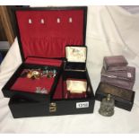 A musical jewellery box & contents , trinket boxes & perfume bottle etc.