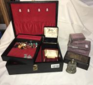 A musical jewellery box & contents , trinket boxes & perfume bottle etc.