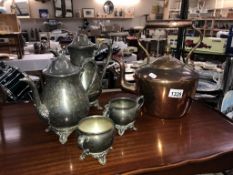 A copper kettle & a pewter tea/coffee set (coffee pot missing knob)