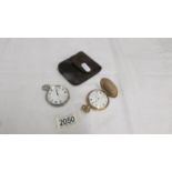 A Waltham gold plated full hunter pocket watch and a silver pocket watch with leather pouch.