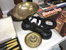 Salter cast iron kitchen scales with brass pans & weights