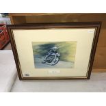 A framed & glazed print of Ray Amm on a Norton by Mick Craven