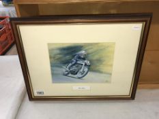 A framed & glazed print of Ray Amm on a Norton by Mick Craven