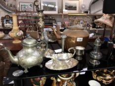 A Victorian copper kettle, ornate silver plated candlestick & gravy boat on tray etc.