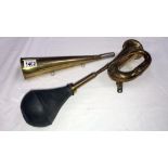 A vintage brass hooter car horn (bulb hardened/brittle with age) & a signal horn