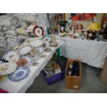 Two tables and three boxes of assorted household ceramics etc.