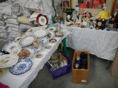 Two tables and three boxes of assorted household ceramics etc.