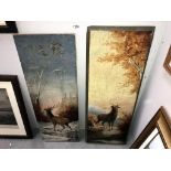 A pair of stag pictures on heavy wooden panels (95cm x 33cm & 98cm x 36.