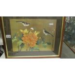 A framed and glazed Chinese/Japanese painting of birds, signed.