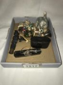 A silver topped perfume bottle stopper, 3 decorative eggs, 2 cats & snuff box etc.