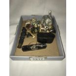 A silver topped perfume bottle stopper, 3 decorative eggs, 2 cats & snuff box etc.
