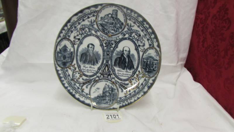 A blue and white commemorative plate for The Primitive Methodist Centenary 1907.