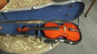 A cased violin.