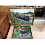 A watercolour & an oil on board of a Canal narrow boat (41cm x 33.