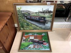 A watercolour & an oil on board of a Canal narrow boat (41cm x 33.