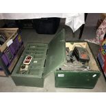 A box of Triang H0/00 railway truck & old painted wooden tool box