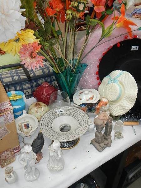 A large cut glass vase, vintage hat posy holder, novelty face condiment set etc.