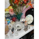 A large cut glass vase, vintage hat posy holder, novelty face condiment set etc.