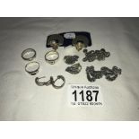 3 silver rings & 5 pairs of clip on earrings including some silver