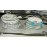 A Royal Worcester sauce tureen and a blue and white sauce tureen with ladle.