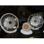Two silver plate card trays and a silver plate decanter coaster.