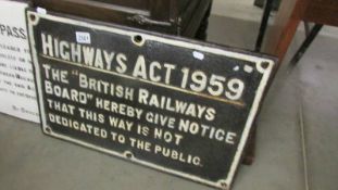 A Highway Act 1959 British Railways metal sign.