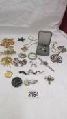 15 vintage brooches including kingfisher, snake, sword etc., and two pendants.