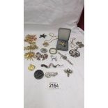 15 vintage brooches including kingfisher, snake, sword etc., and two pendants.