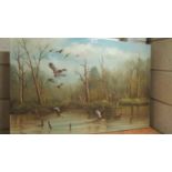 An unframed oil on canvas of ducks in flight signed Simpson.