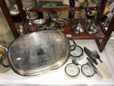 A large quantity of silver plate items including candlesticks, tray & silver napkin rings etc.