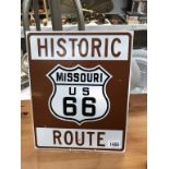 A retro aluminium Historic Route 66 Missouri road sign