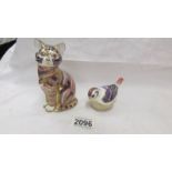 Two Royal Crown Derby paperweights with gold stoppers - Cat and bird.