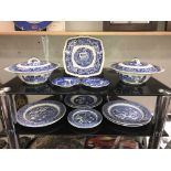 2 blue & white Willow ware tureens & plates including Mason's sandwich plate