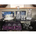 2 decanters, boxed sets of glasses (6 & 2), boxed tray & glasses,