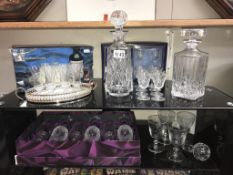 2 decanters, boxed sets of glasses (6 & 2), boxed tray & glasses,