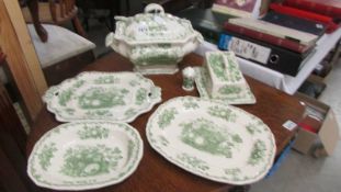 A large Mason's 'Fruit Basket' pattern tureen with ladle, a matching cheese dish, 2 platters,