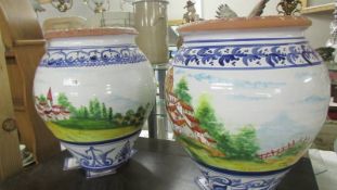 Two large hand painted pots.