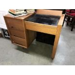 A vintage Stag oak veneer pedestal school type desk (88cm x 46cm x 74.