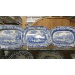 Three blue and white meat platters 43 x 33 cm, some wear and crazing to bottoms,