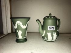 A Wedgwood jasperware coffee pot & vase ****Condition report**** Both pieces are in