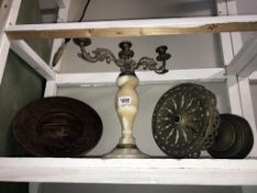 A mixed lot including onyx based 3 tier candelabra,
