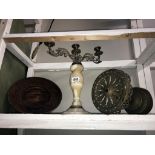 A mixed lot including onyx based 3 tier candelabra,