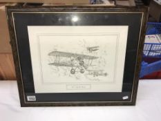 A framed & glazed WWI Sopwith Camel pencil sketch signed David Hawker