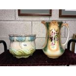 An art nouveau tulip pottery jardiniÃ¨re & a Victorian pottery bathroom jug