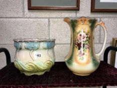 An art nouveau tulip pottery jardiniÃ¨re & a Victorian pottery bathroom jug