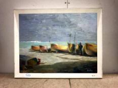 A vintage oil on board depicting fishing boats entitled 'Winter Gardens Deal', signed Maltby,