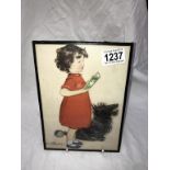 A framed and glazed print by Muriel Dawson 'singing girl with dog'